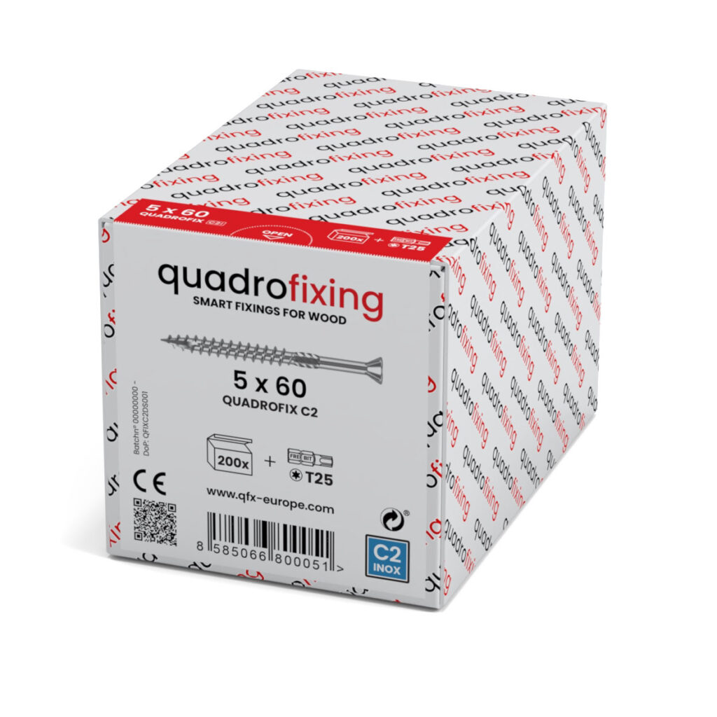 QUADROFIX C2 decking screws 5x60 mm packaging with 200 screws and TORX bit.