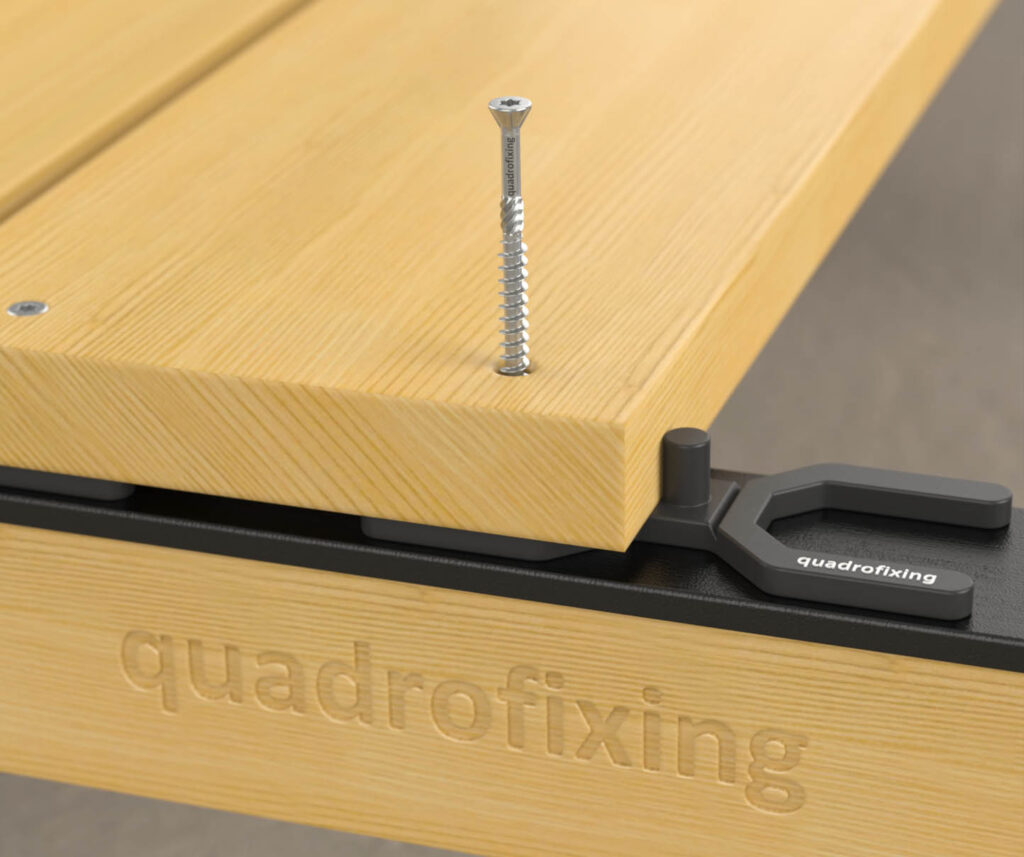 QUADROFIX C2 decking screws with QUADRO H spacers and QUADRO TAPE for professional outdoor wood projects.